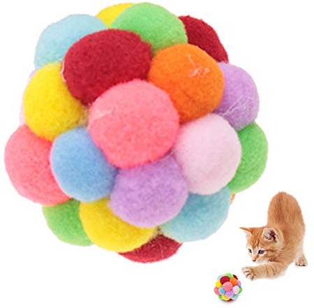 Katzenspielzeug Ball, handgemachter bunter Plüsch-Hüpfball mit Katzenminze und interaktiver Glocke, weiches Kauspielzeug für Stubentiger, für Training, Spielen, Alleinunterhaltung