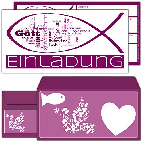 15 WORTWOLKE Einladungskarten mit Umschlag zur Kommunion Konfirmation Taufe zum Ausfüllen in Violett für Mädchen Jungen Einladungen von BREITENWERK