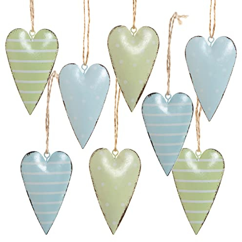 Herzanhänger Metall, 8er Set: Metallherzen zum Aufhängen, Anhänger Herzen, Dekoherzen Valentinstag, Frühling, Ostern, Muttertag, Frühlingsdeko Zweige, Blechherzen Dekoanhänger, Blau & Grün, 7 cm