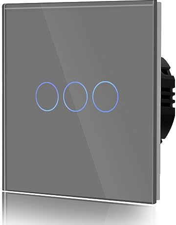 BSEED Interruptor Tactil luz pared,Interruptores Conmutador Modernos,Vidrio Panel con luz Piloto,Sin Función Wifi,3 Gang 2 Vía,86mm Gris