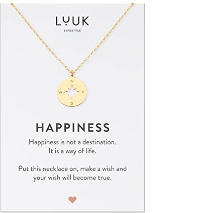 LUUK LIFESTYLE Halskette aus Edelstahl mit Anhänger und HAPPINESS Spruchkarte, Freundschaftskette, Geschenk zum Geburtstag, Damenschmuck, Silber, Gold, Rosé