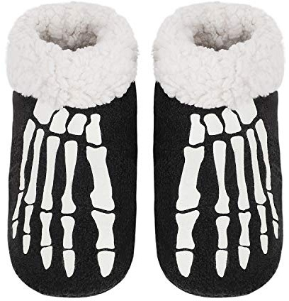Halloween Slippers Boots for Women 3D Skeleton Print Indoor Socks Slippers Non-Slip Fluzzy Slippers Thermal Plush Slippers with Warm Faux Fur Collar Funny Foot Bone Ankle Boots Cosplay Slippers Gifts