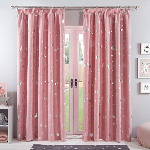 Dreamscene Galaxy Star Thermal Blackout Curtains Pair of Pencil Pleat Metallic Moon Panels - Blush Pink - 66 x 90