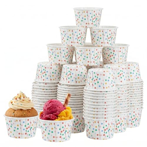DOITOOL Papier-Eisbecher, blau, 100 Stück, Eisbecher, Kuchenbecher, gepunktet, Pappbecher, Dessertbecher, Schüsseln, Partyzubehör für Geburtstag, Hochzeit, Weihnachten, Halloween (bunt)