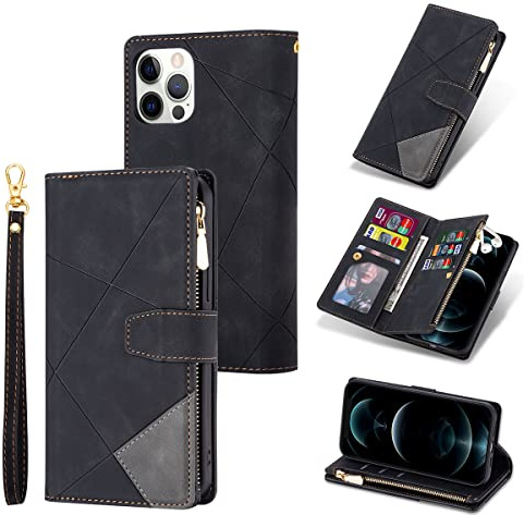 UEEBAI Hülle für iPhone 13 Pro, Leder Klapphülle, Schwarz Raute | Premium PU Handyhülle Magnetische Klapphülle mit 9 Kartenfächer Standfunktion Geldbörse Trageband Schutzhülle Wallet Case