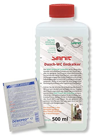DEWEPRO-Set: SANIT Dusch-WC Entkalker - Flasche à 500ml - Für die professionelle und effektive Entkalkung von Dusch-WCs aller Art geeignet, inkl. 1 St. DEWEPRO® Single Scrubs