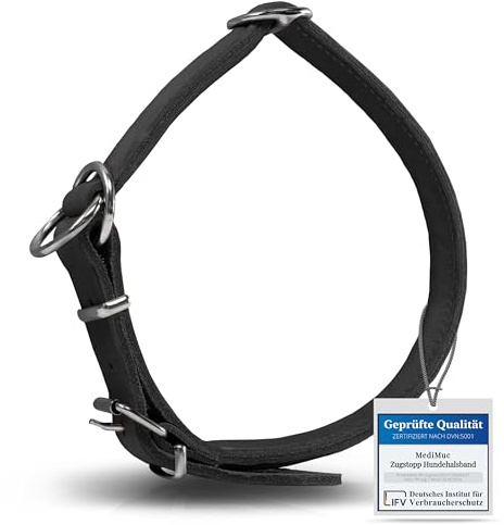 Rund & Weich - Zugstopp Hundehalsband Schwarz M - 50cm Lederhalsband mit Zugbegrenzung und Verstellbarer Schnalle, Dressurhalsung, Zugstopper, robust, Rindsleder