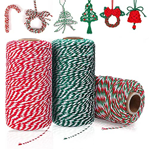 Piyo Pack 3 Christmas Jute Twine 2mm Strong Cotton String Coloured Red Green Thick Rope for Bakers Art Crafts Butchers Kitchen Gift Wrapping (3 Colors)
