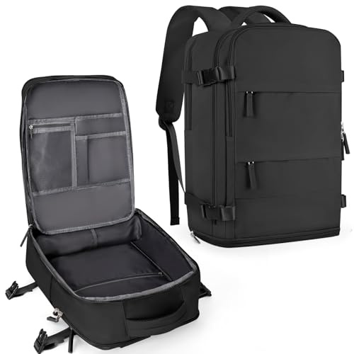 coowoz Large Travel Backpack For Women Men,Carry On Backpack Flight Approved,Hiking Backpack Waterproof Outdoor Sports Rucksack Casual Daypack Fit 15.6 Inch Laptop Shoes Compartment (Black)