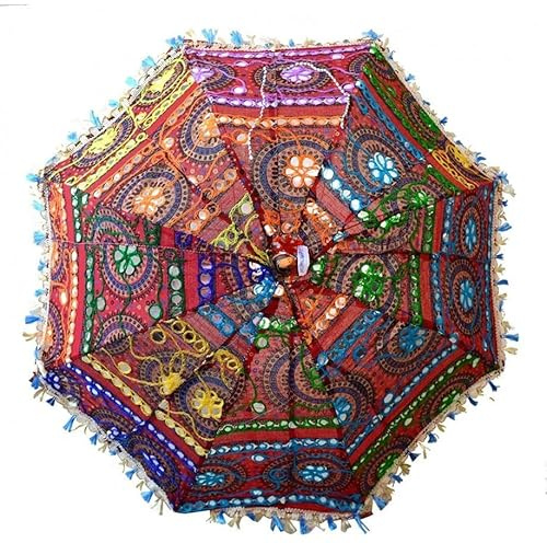 Arise Export - Indian Decorative Handmade Decorative Cotton Mirror Work Embroidery, UV Protection Umbrella, Sun Umbrella,Boho Parasol Bohemian Indian Wedding Umbrellas Parasol, Beach Umbrella