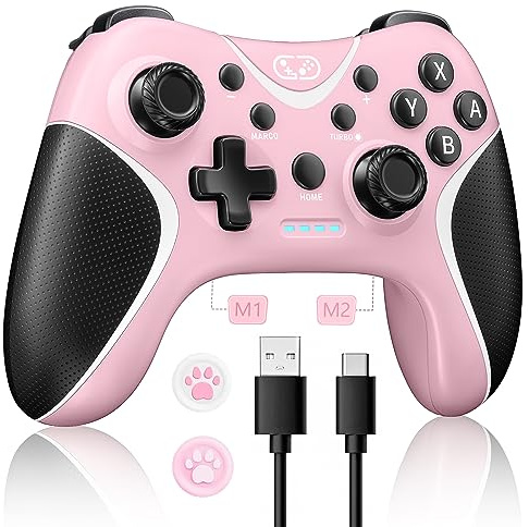 BRHE Wireless Switch Pro Controller Compatible with Nintendo Switch/Lite/OLED/Switch 2, Windows PC, iOS, and Android - Programmable, Vibrating, Turbo, and Wakeup with 2 Thumb Caps Included (pink)