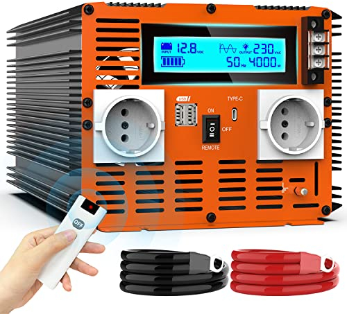 Convertisseur 12V 220V Pur Sinus 4000w Onduleur Transformateur Onde Sinusoïdale Pure avec Télécommande & écran LCD & 2 Prises EU & 2 Ports USB 3,4 A & Port de Type C pour RV Voiture de Camion