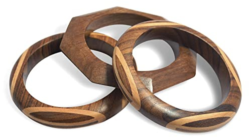 Pure Hands Wooden Bangle Set – Handmade Sissoo Wood Bracelets with Saffron Teak Inlay Geometric & Contoured Design Wax-Polished Eco-Friendly Jewelry for Women.
