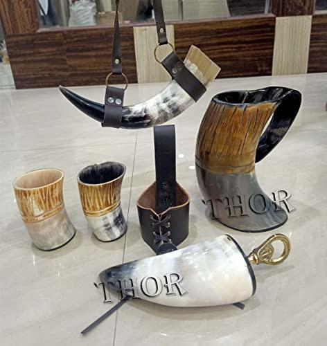 Handcrafted Tankard for Beer Mead Wine Viking Drinking Set Authentic Ox-Horn Drinking Mug with Belt Holster/Shot Cup/Bottle Opener/For Gift Rustic Vintage Home Decor