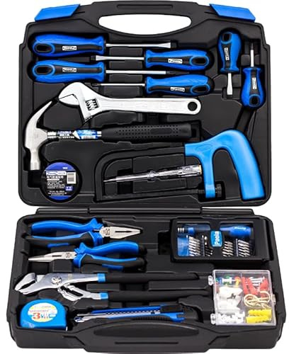 107 Piece Household Tool Set with Plastic Blow Molded Case, Most Reached Hand Tools for Home/Office/Garage Repair, Incl. Pliers/Adjustable Wrench/Screwdriver/Claw Hammer/Hack Saw/Tape Measure