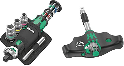 Wera 05004281001 8009 Zyklop Pocket Set 2, Knarren Satz, 18-teilig & 05023460001 411 A RA Quergriff-Adapterschraubendreher mit Ratschenfunktion, 1/4, 45 mm, Schwarz-grün