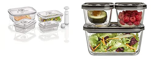 Caso VacuBoxx E-Set - 4 extrem stabile eckige Vakuumbehälter & VacuBoxx Eco-Set - 3 Vakuumbehälter aus Borosilikatglas, BPA-Frei, inkl. Vakuumierschlauch & Adapter Vakuumierer/Handpumpe