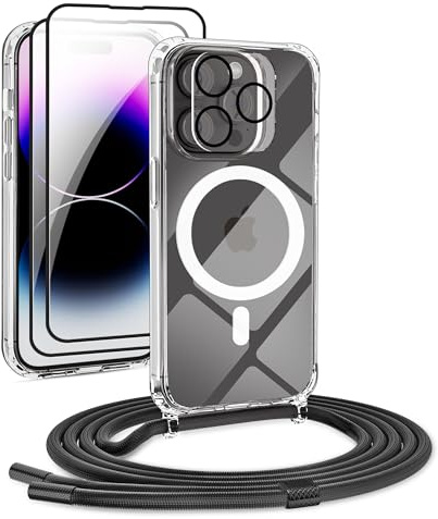 DiDaDi Handyhülle für iPhone 12 Pro Max Hülle mit Band & Magnet - Transparente Handykette, Abnehmbar mit 2X Panzerglas + Kameraschutz | Profi-Schutz Display & Kamera | Magnetisch Kompatibel (Schwarz)