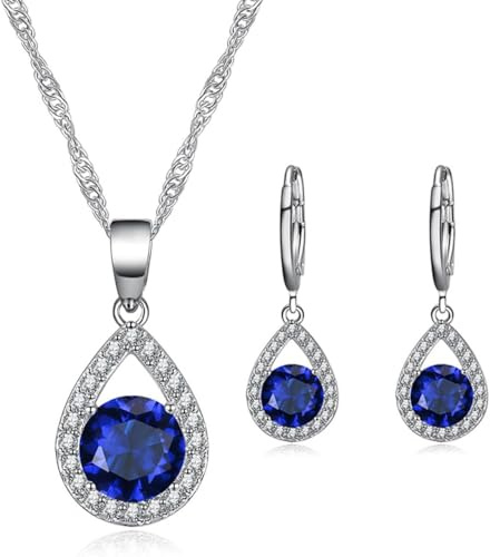 TOEECY Jewellery Set for Women Crystal Pendant Necklace Earring Set 925 Silver Cubic Zirconia Jewellery Set Gift for Wedding Bridal Bridesmaid (Navy Blue)