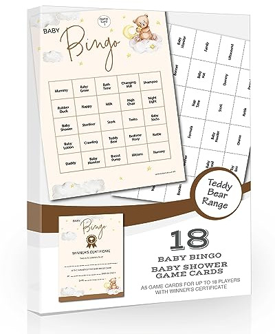 Olivia Samuel Bingo-Spiel für 18 Spieler, A5, Unisex, mit Gewinner-Zertifikat, neutrales Teddybär-Design, hergestellt in Großbritannien