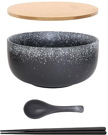 Ramen Schüssel Keramik Set mit Löffel Essstäbchen，1100 ML Großer Suppenschüssel,Salatschüsseln Für Suppe, Pho und Sushi Bowl (Stern schwarz Set)