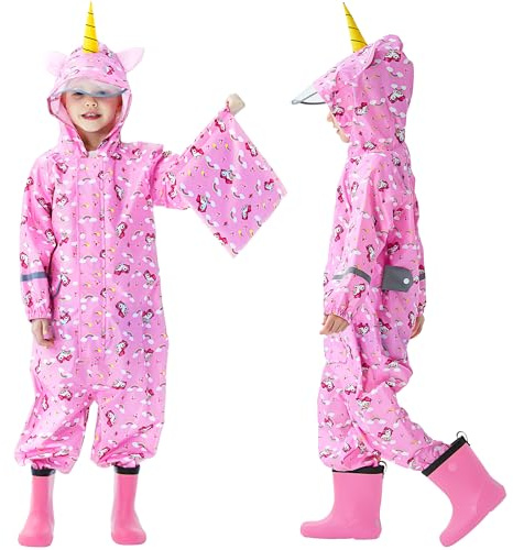 Domueay Kids Puddle Suit Girls Waterproof All in One Raincoat Hooded Breathable Lightweight Rain Suit Cartoon Muddy Suit with Zip for Children 5-7 Years, Pink