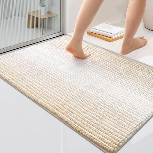 OLANLY Chenille Badezimmerteppich Weich Saugfähige Badematte rutschfest Badteppich Mikrofaser Badvorleger Waschbar Duschvorleger für Badezimmer - 60 x 90 cm, Beige