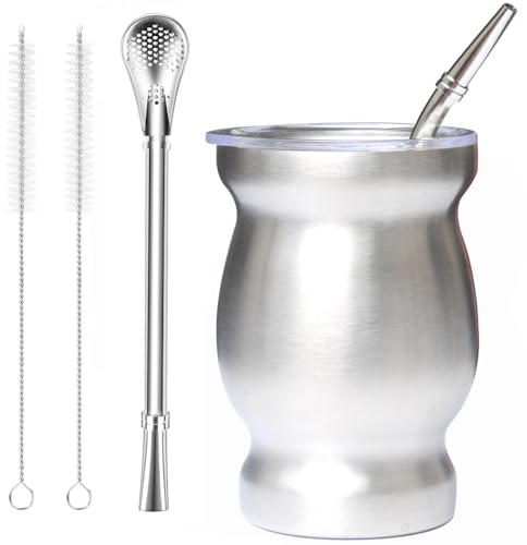 Beruth Bombilla Yerba Mate Gourd, set di tazze da tè in acciaio inox con coperchio multifunzionale, due cannucce e spazzole per la pulizia, tazza da caffè a doppia parete, isolamento termico, anti
