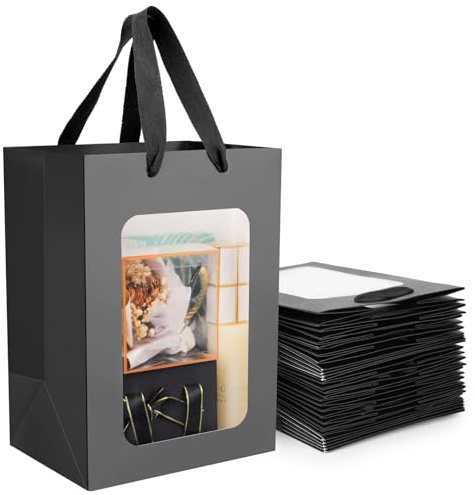 EUSOAR Geschenktüte mit Fenster - 20 Stück Geschenk Tüten mit Griff - 230GSM Papier Tüten mit Henkel Geschenktasche - 18x13x25cm Gift Bags Sichtfenster Präsenttüten Geschenkpapier Schwarz