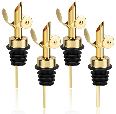 Jasfyee 4 Pcs Weighted Stainless Steel Bottle Pourers, Self Closing Spirit Pourer,Liquor Spirit Bottle Speed Pourer Premium Bartender Accessories for Wine, Beverages, Olive Oil, Vinegar（Gold）
