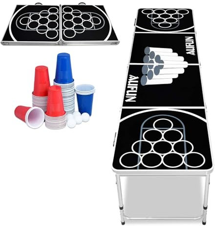 JNGLGO Juego de mesa de aluminio y tablero de fibra de densidad media, juego de mesa con 50 rojos, 50 vasos azules y 5 bolas, altura ajustable, mesa de fiesta Beer Pong 242 x 54 x 62 cm, color negro