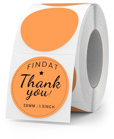 FINDAT Orange Thermo-Etiketten Rund 38 mm Drucker Aufkleber 500 Stück | Für DIY, Name, Büro, Schule, Logo & QR-Code. Selbstklebend, Vinyl, wasserdicht, beschreibbar, Rolle