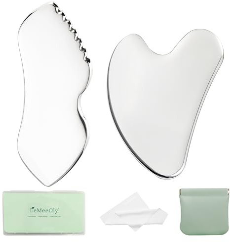LeMeeOly 2Pcs Gua Sha Facial Tools Stainless Steel, Detailer GuaSha Set for Face Neck, Natural Skin Care Metal Gua Sha Lymphatic Drainage Face Massage Tool
