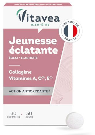 Vitavea - Jeunesse éclatante - Collagène, Vitamine C, Vitamine E et Vitamine A - Complément alimentaire peau - Beauté de la peau, éclat et jeunesse - 30 comprimés - Cure 1 mois - Fabriqué en France