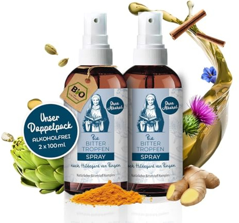 Aura vom Land Bio Premium Bitterstoffe Spray Alkoholfrei nach Hildegard von Bingen 2x100ml Set – Hochdosiertes Bitterspray Bittertropfen – 9 Natürliche Bitterkräuter Vegan – Bitter Made in Germany