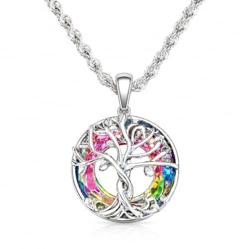 Davaco Collar Árbol de la Vida con Cristales Multicolor, Amuleto Espiritual | Cadena de Plata de Ley 925, colgante de acero inoxidable, diseño unisex, símbolo de crecimiento, equilibrio y conexión