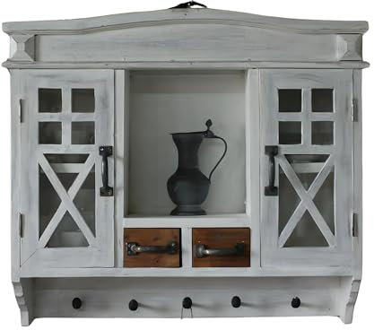 Antyki24 Rustikaler Hängeschrank Aus Massivem Mahagoniholz Weiß Antik Mit Glasfronten Und Zwei Schubladen 65x73x18 cm Perfekt Für Küche Oder Esszimmer Im Landhausstil
