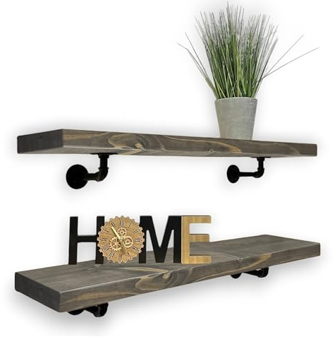 MKGT Rustic Shelves with Pipe Brackets Handcrafted Wall-Mounted, Handmade Scaffold Board Decorative Kitchen Room (Driftwood, 40 cm)