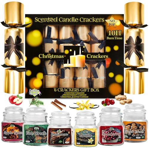 KreativeKraft Crackers di Natale, Senza Pop, 6 Pacco da Cracker Natalizi, Riempito con Candele Profumate in Un Barattolo, Decorazioni Natalizie