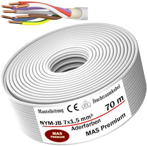 MAS Premium Cavo di alimentazione per ambienti umidi, 5 – 100 m, NYM-JB, 7 x 1,5 cm (colori), cavo di alimentazione elettrico, OFC per installazione fissa (70 m)