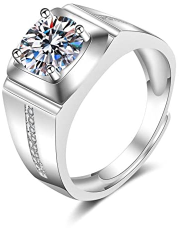 Lirzxin Weißgold Ring Herren 585 14 Karat, Hochzeitsringe Herren Verstellbar Breit Siegelring mit 4 Zinken Rund Erstellter Diamant Eheringe Trauringe Weißgold