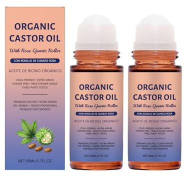 Lot De 2 Flacons D'huile De Ricin Bio Avec Rouleau De Quartz Rose, Huile De Ricin Bio À Rouler Sur Le Quartz Rose, Pour Anti-Âge Revitaliser, Réparer La Peau, Les Cheveux, Body Treatment Oil