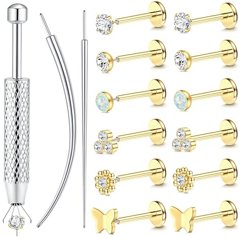 Chriscoco 6 par 16G/18G/20G öronpiercing kirurgiskt stål piercing näsa silver guld piercingar Trago labret Conch Helix Medusa Läpp Läpp Helix örhängen för kvinnor