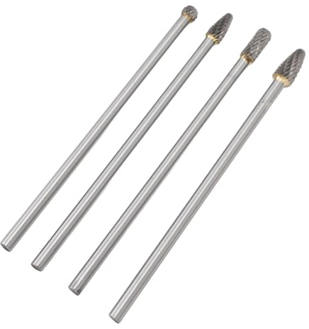 LUCKDANO Long Files, Long Double Cut Burrs Carbide Burr Set with Box 4pcs 6mm Tungsten Steel for Automotive Repair, Craft Carving