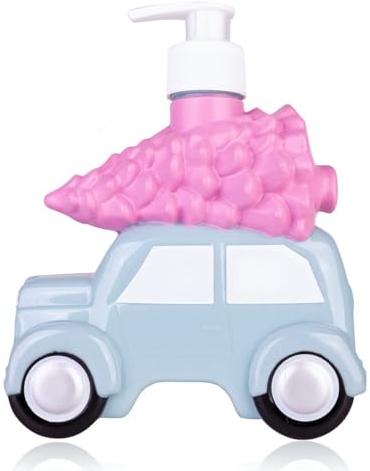 Distributeur de savon Accentra avec savon pour les mains FESTIVE CAR savon liquide en distributeur à pompe, 500 ml, parfum : Fraise givrée, cadeau femme Noël, jolie voiture avec sapin de Noël