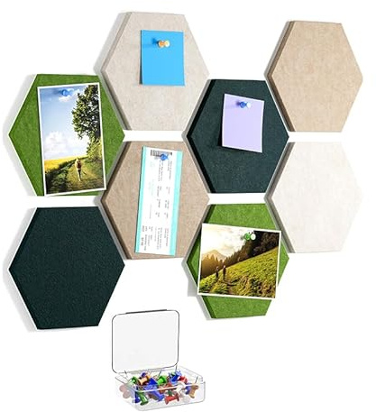 8 Pezzi Bacheca in Sughero e Feltro Esagonale Autoadesiva, Lavagna di Sughero da Parete per Foto, Promemoria, Ufficio e Casa, Pannelli Decorativi Muro con Puntine Colorate,Fai da Te Decorazione Parete