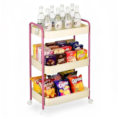 3 Tier Metal Storage Trolley on Wheels Kitchen Trolleys Utility Rolling Cart with Handle ,Mesh Storage Cart Bathroom Cart Veg Rack and Multi-Purpose Organizer for Snack, Makeup, Book (Pink+yellow)