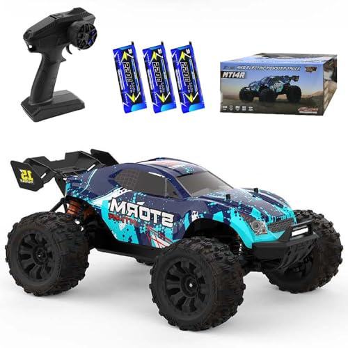 Ledovan 100KM/H Ferngesteuertes Auto Bürstenloser Motor, 1:14 Hochgeschwindigkeits RC Monstertruck Off-Road für Erwachsene, 4WD All Terrain RC Auto, 3 Batterien(Grün)
