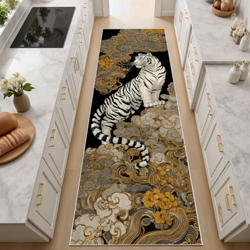 Traditionelle Chinesische Glückswolken, Tiger Teppich Läufer Flur Rutschfest 60x210 cm Flauschig Küchenteppich Vintage-Tiertiger Waschbar Lang Flur Teppich für Schlafzimmer Wohnzimmer Bettvorleger