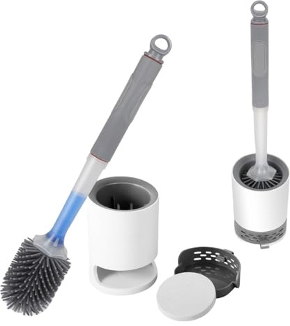 Silicone Toilet Brush with Soap Dispenser, Non-Slip Handle, Wall Mounted Holder Set